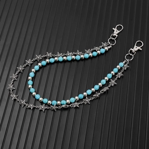Dual-layer star charm jeans chain with turquoise beads and silver-tone lobster clasps