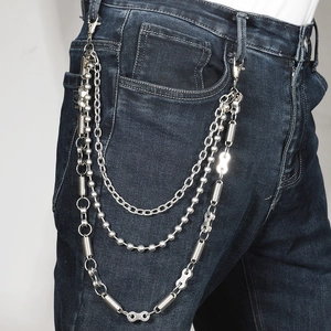 Three-layer silver metal hip hop pant chain with multi-link design on denim jeans