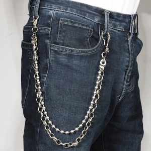 Double-layer silver metal hip-hop chain accessory for jeans with sturdy lobster clasps