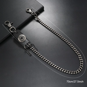 Heavy punk hip hop style Cuban metal waist chain with leather patch and 70cm length