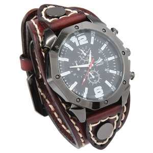 Men Vintage Punk Wide Leather Strap Quartz Watch Retro Industrial Style Analog Wristwatch With Contrast Stitching And Rivets
