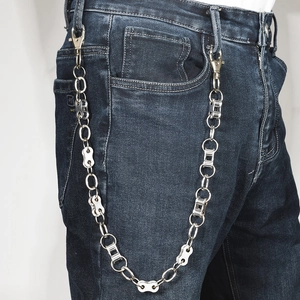 Punk hip-hop metal waist chain for jeans with industrial silver links and lobster clasps