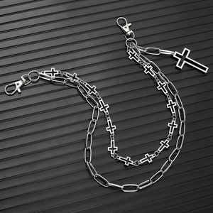 Chaîne de taille hip-hop argentée double couche avec croix et fermoirs mousquetons