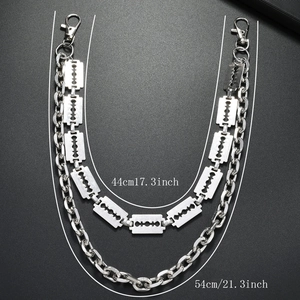 Punk silver double-layer trousers chain with razor blade charms and length measurements
