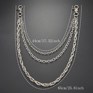 Detail showing multi-layer silver metal trouser chain with lobster clasps and length info