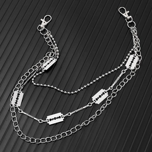 Punk style multilayer silver chain with razor blade pendants for jeans and bags