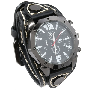 Men's retro punk wide leather watch with white stitching and black metal rivets