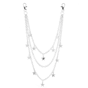 Punk style triple-layer silver trousers chain with star pendants and lobster clasps