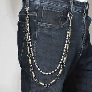 Silver multi-layer punk pants chain with beads and metal springs on denim jeans