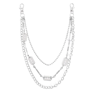 Multi-layer silver punk waist chain with razor blade charms and lobster clasps on white background