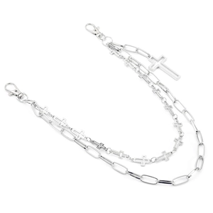 Chaîne de pantalon hip-hop Harajuku argentée multicouche avec pendentif croix et mousqueton