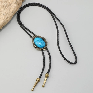 Böhmische Bolo-Krawatte mit Türkis, Bronze-Basis und schwarzer geflochtener Kordel