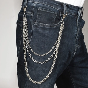 Three-layer silver metal hip-hop waist chain for men with punk style lobster clasps