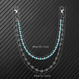 Double-layer turquoise bead and silver star waist chain with lobster clasps, 54cm length