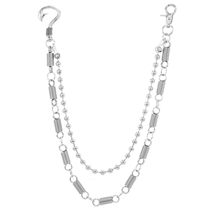 Punk style double-layered silver metal pant chain with spring link and secure clasps