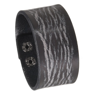 Vintage wide black leather bracelet with marble texture and silver snap button closure