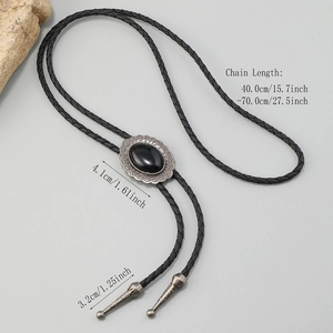 Retro Western Bolo Tie with oval black stone and adjustable braided black PU leather cord