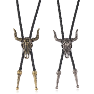 Vintage Western Cowboy Bolo Tie Necklace Men Women Alloy Longhorn Bull Skull Pendant Adjustable Braided Leather Cord