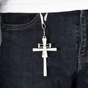 Silver alloy double cross keychain pendant on blue jeans pocket for fashion accessory