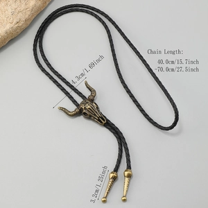 Retro Western Bolo Tie featuring an alloy bull skull pendant and adjustable black braided cord