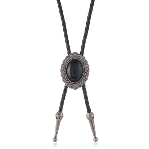 Vintage western bolo tie with black oval gemstone and adjustable braided PU leather cord