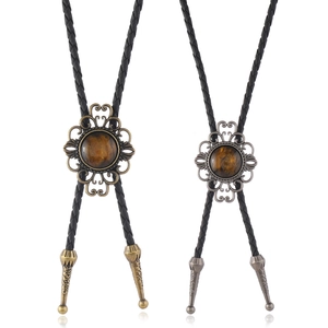 Cravate Bolo Western Vintage pour Hommes Femmes Pendentif Fleur en Alliage Avec Corde Tressée en Similicuir Bijoux Cowboy Rétro