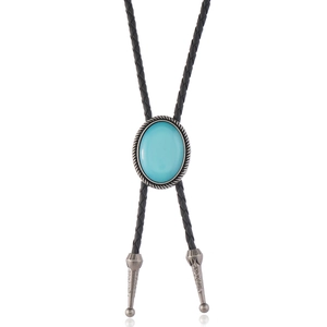 Vintage δυτικό bolo tie με μπλε τιρκουάζ πέτρα και πλεγμένο μαύρο δερμάτινο κορδόνι