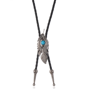 Retro bolo tie with turquoise silver feather pendant and black braided PU leather cord