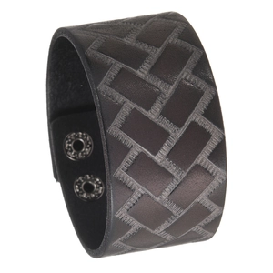 Wide black leather bracelet with geometric weave pattern and silver adjustable snaps