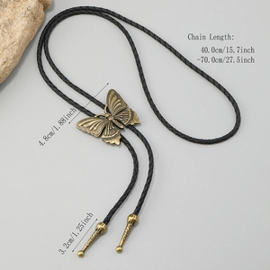 Western butterfly bolo tie with black braided leather cord and vintage gold buckle