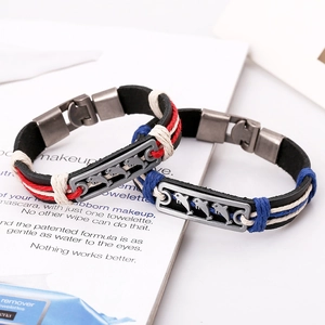Pair of braided leather dolphin charm bracelets with vintage alloy nautical clasps