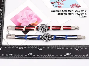 Detailed size guide for woven leather couple bracelets with vintage metal charms