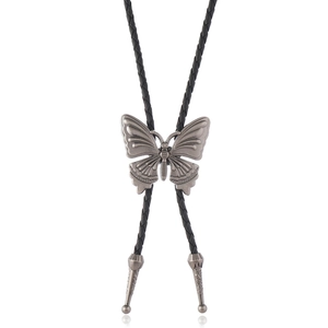 Vintage western bolo tie with a carved butterfly pendant on black braided PU leather cord