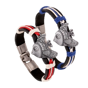 Vintage Ethnisch Geflochtenes Leder Armband Legierung Fisch Anhänger Punk Stil Pärchen Schmuck Geschenk Handgefertigtes Armband