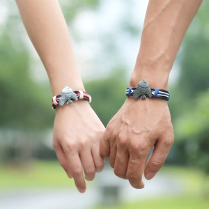 Handgewebte Leder-Fisch-Armbänder für Paare in Blau und Rot in der Natur am Handgelenk