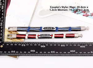 Detaillierte Größenanzeige der geflochtenen LOVE Lederarmbänder für Paare
