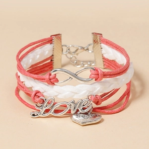 Bracelet tissé rose et blanc fait main avec breloques infinity love sister ajustable