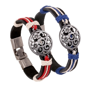Vintage Ethnic Leather Braided Couple Bracelets With Alloy Floral Charm Handmade Cowhide Wristband For Men Women Jewelry Gift