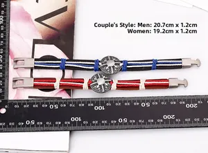 Braided leather couple bracelets with star shield charm and secure metal buckle detail