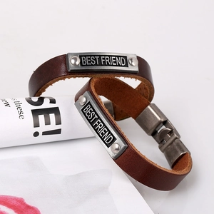Vintage dark brown leather bracelets with Best Friend engraved metal plate