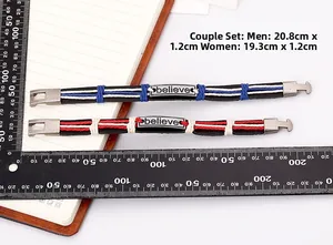 Detail view of woven leather believe bracelets with measuring ruler showing total length
