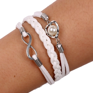 Bracelet Tressé Multicouche Avec Symbole De L'Infini En Alliage Et Pendentif Künstliche Perle En Coeur Bijoux Rétρο En Cuir PU Corde De Cire Pour Femmes