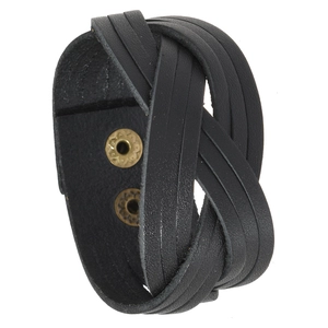 Braided black leather men bracelet with gold metal snap buttons and punk vintage style