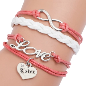 Bracelet en Cuir Tressé Réglable Avec Pendentifs Cœur Sister Love Infinity Rose Blanc Alliage Strass Bijoux pour Femmes Filles Cadeau