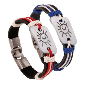 Bracelet en Cuir de Vachette Tissé Rétro Soleil Lune Totem Plaque en Alliage Corde de Chanvre Bracelet Couple Bijoux Mode