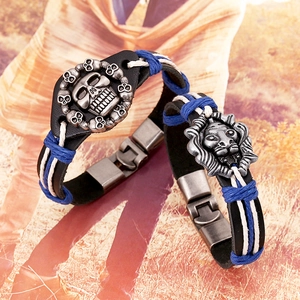 Punk leather bracelet set featuring skull and lion head charms with braided accents