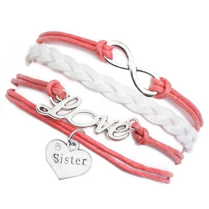 Bracelet en cuir tressé rose réglable avec breloques Infinity, Love et Sister