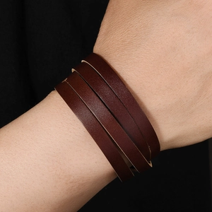 Minimalist double-wrapped dark brown leather bracelet for men with multi-layered design