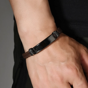 Men's dark brown braided leather bracelet with black polished stainless steel plate