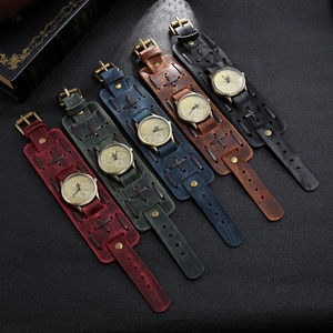 Retro punk wide leather watch set in five colors with vintage woven bronze buckle